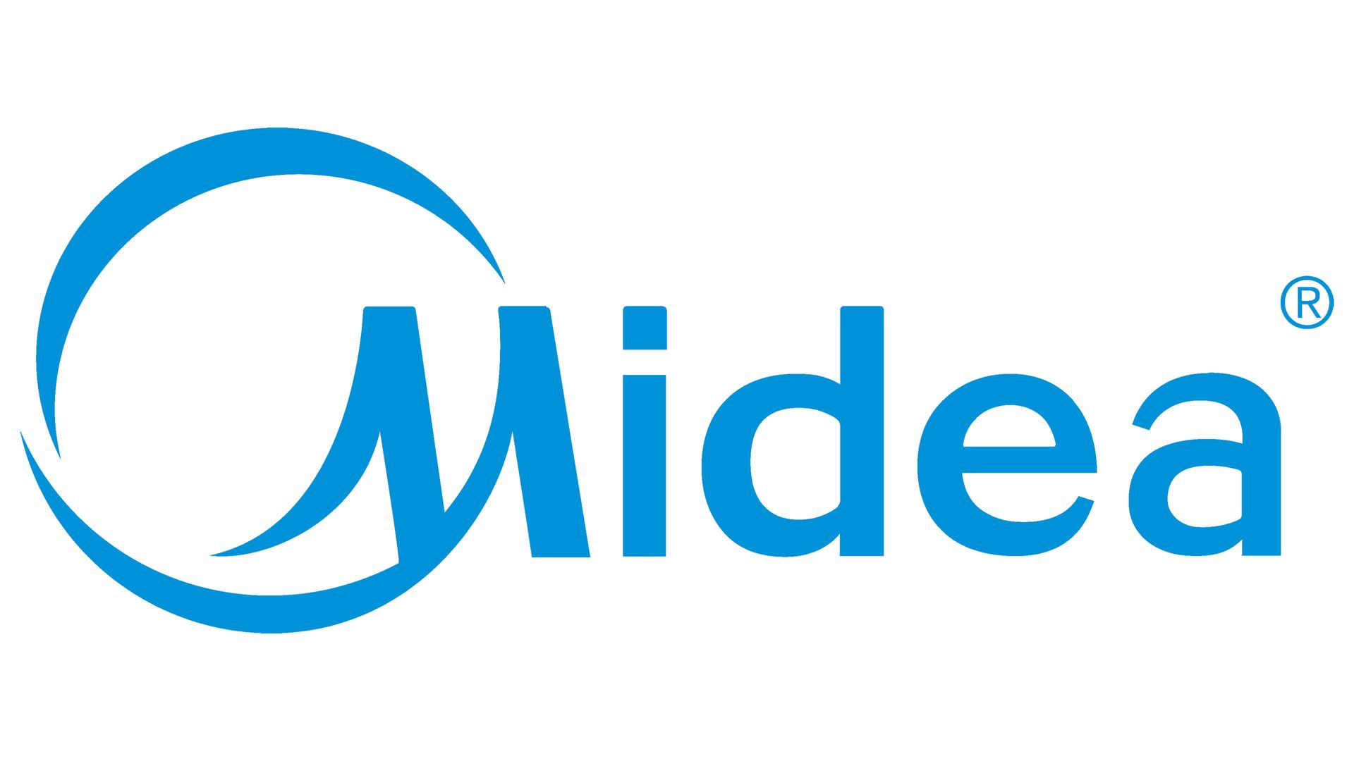 Blue Midea logo with circular swoosh and stylized wordmark on a white background