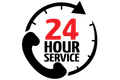 24-hour service logo with black circular arrows and red “24” text