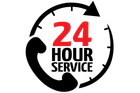 24-hour service logo with black circular arrows and red “24” text
