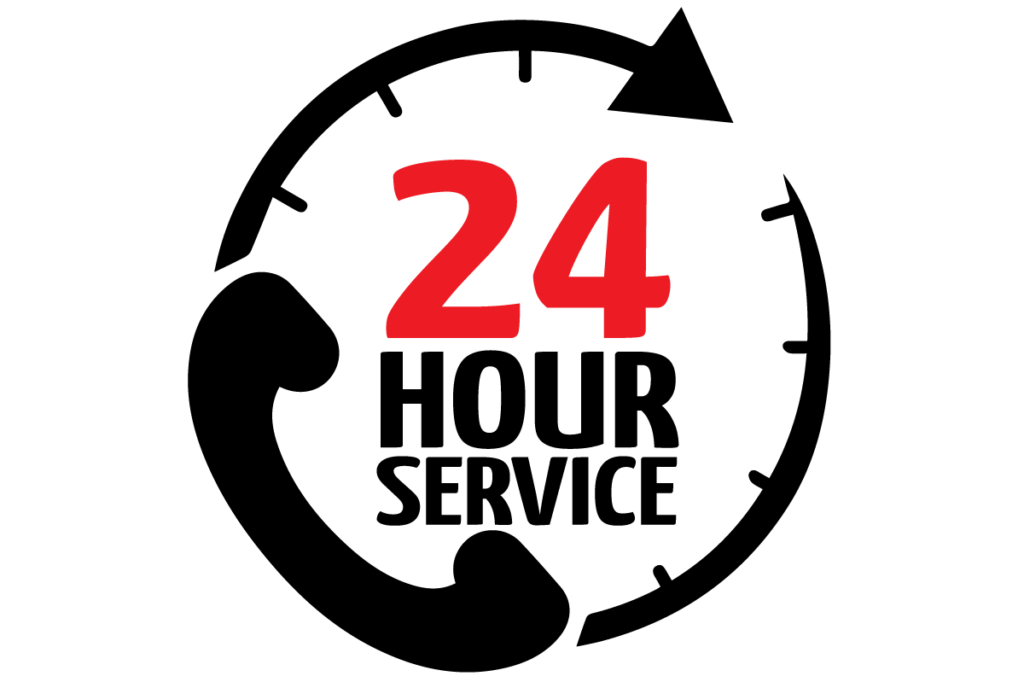 24-hour service logo with black circular arrows and red “24” text