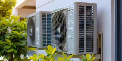Outdoor wall-mounted air conditioning units with metal grilles beside a building and green plants