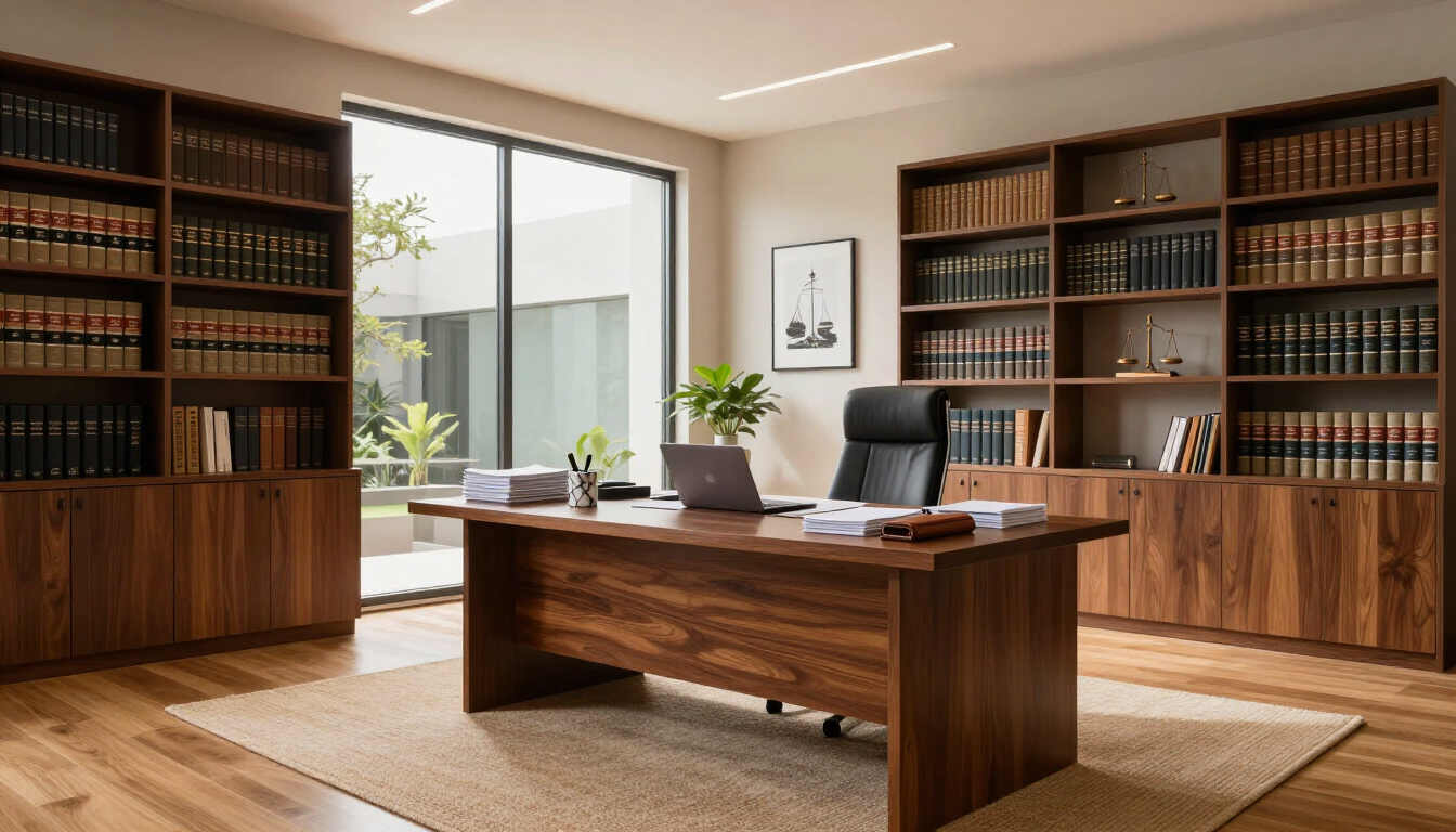 Oficina moderna con paneles de madera, estanterías, un gran escritorio y vistas a zonas verdes desde la ventana.