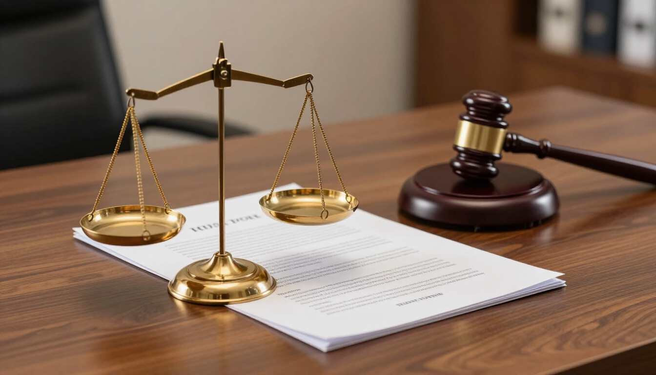 Balanza de oro y un mazo sobre un escritorio con documentos en un entorno judicial.