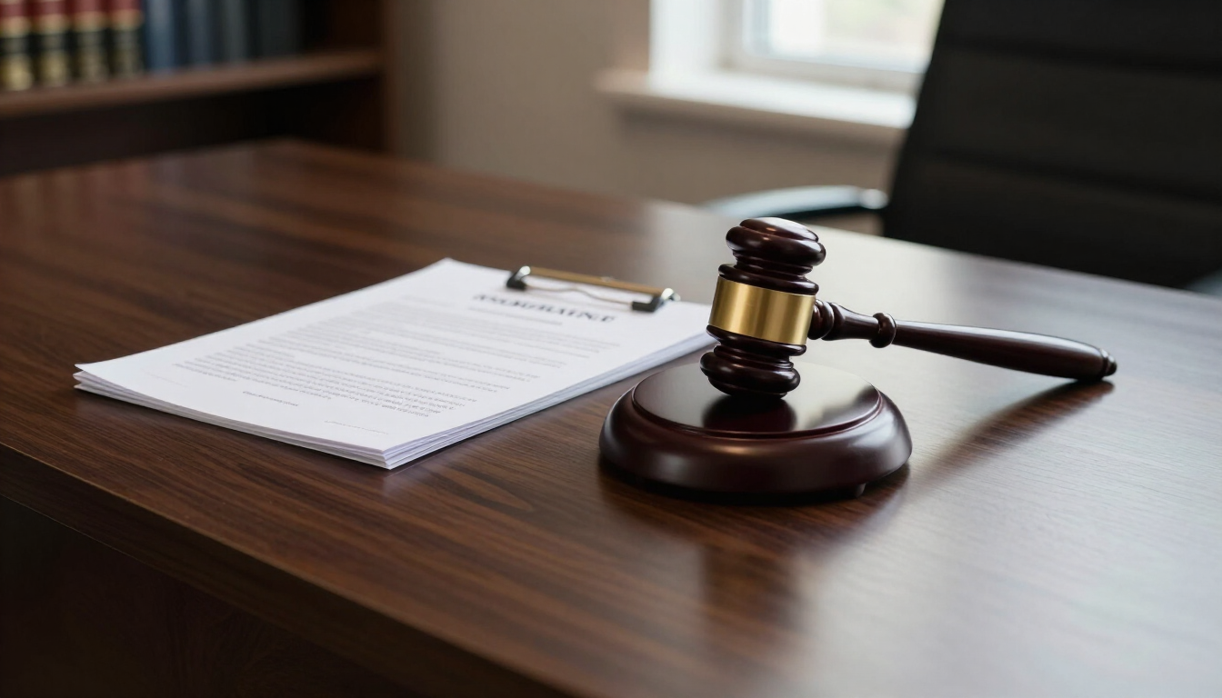 El mazo del juez junto a un bloc de notas legal blanco sobre un escritorio de madera en una sala del tribunal.