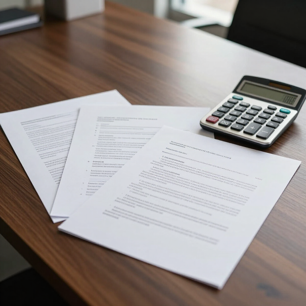 Calculadora sobre un escritorio de madera junto a varias pilas de documentos y papeles.