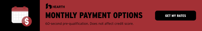 Ad for monthly payment options. Red background with a calendar icon and a button that says