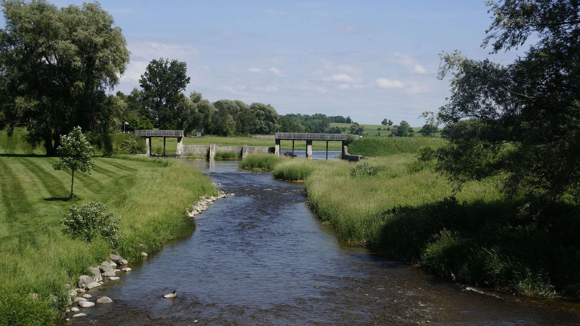 Small stream flowing through a green meadow with trees and a wooden bridge under a blue sky.