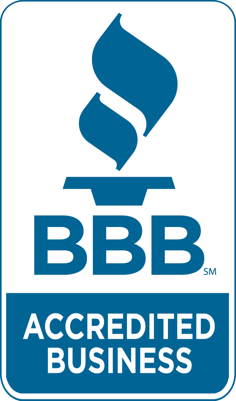 A blue and white sign that says bbb accredited business