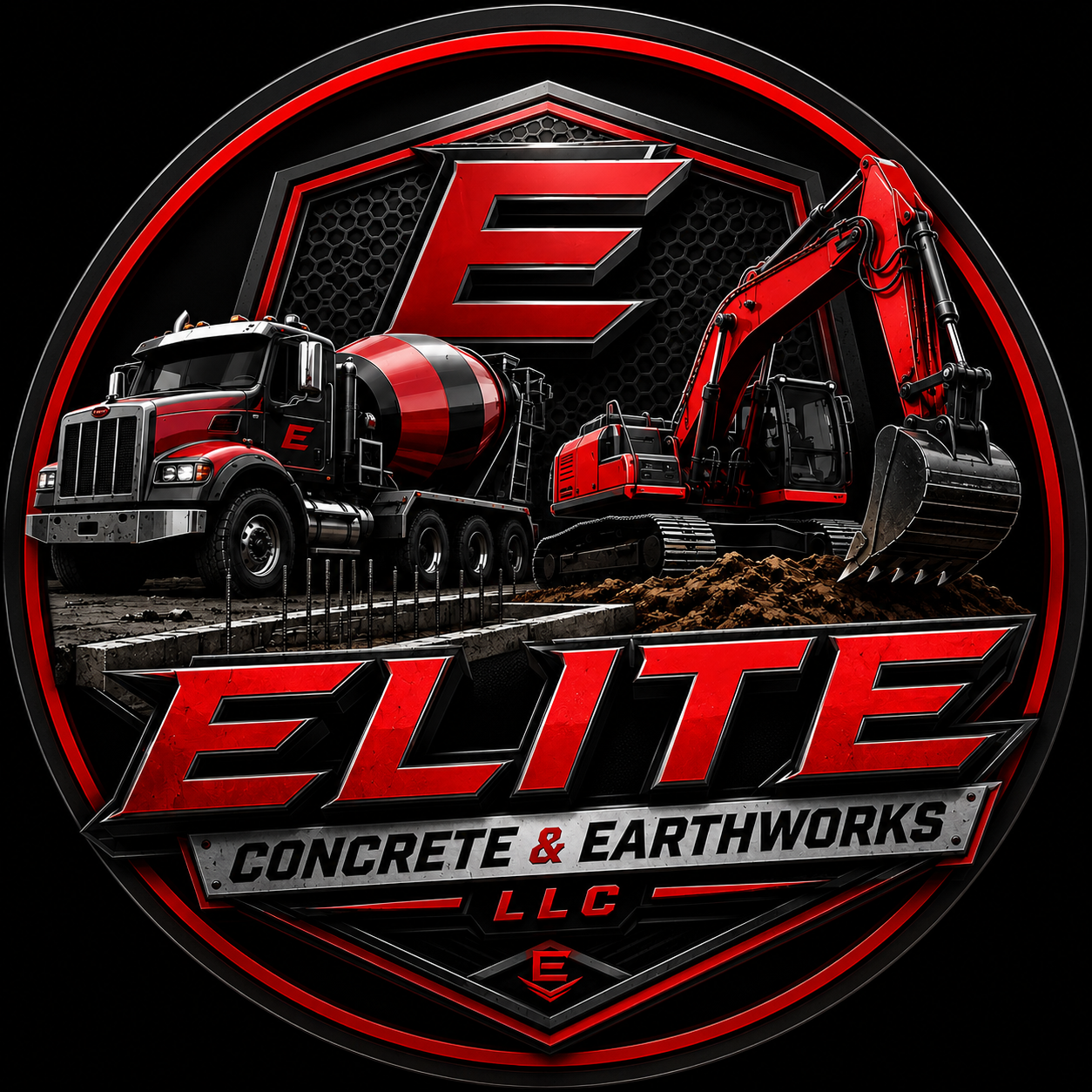 Logo for Elite Concrete & Earthworks LLC with red construction truck, excavator, and bold red lettering