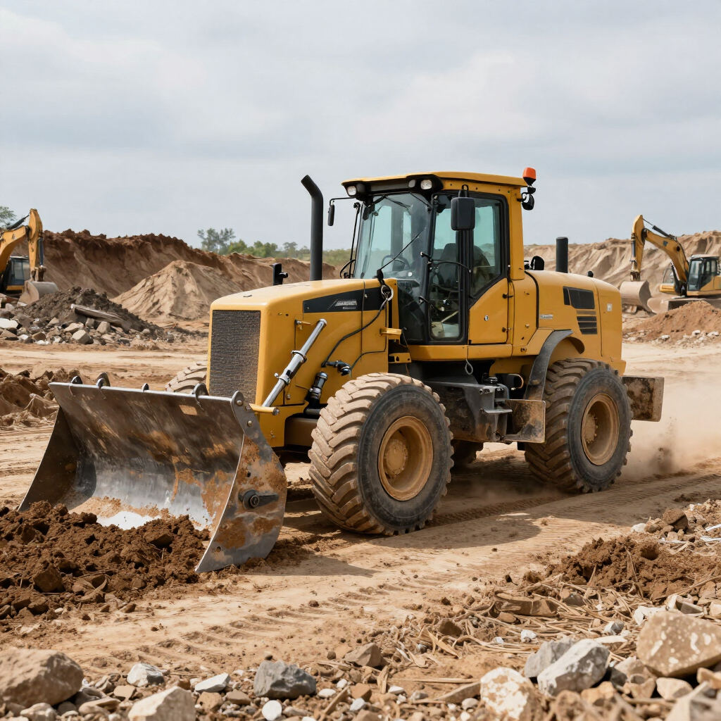 Yellow bulldozer pushing dirt at a construction site with rubble and mounds of soil