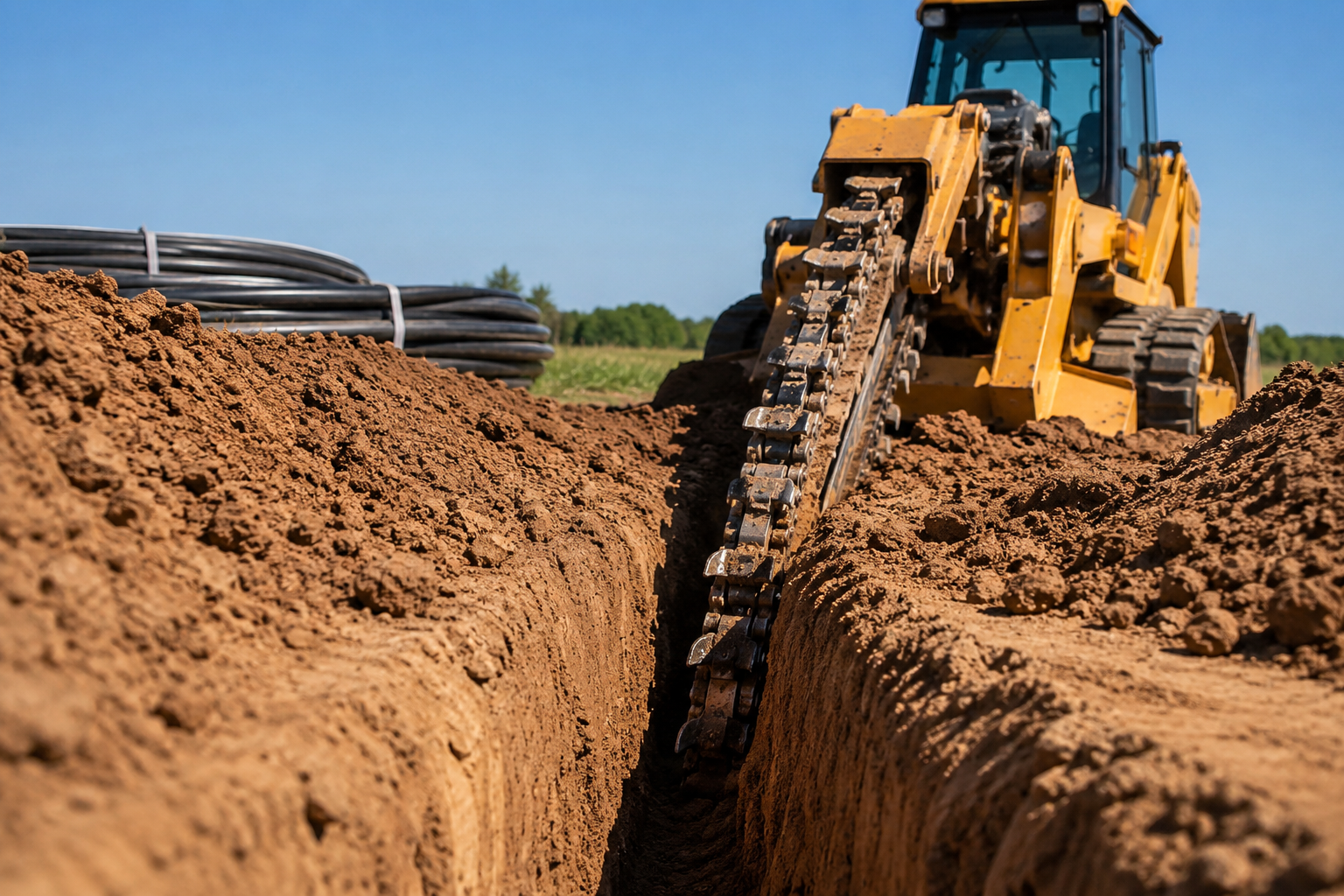 Yellow backhoe digging a trench beside coiled pipes on a construction site under a clear blue sky