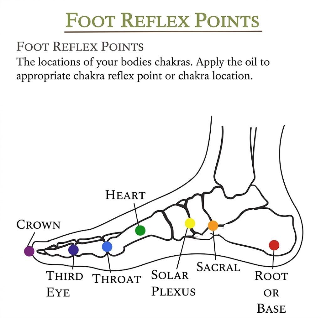 Foot reflex points chart with colored chakra markers labeled crown through root/base.