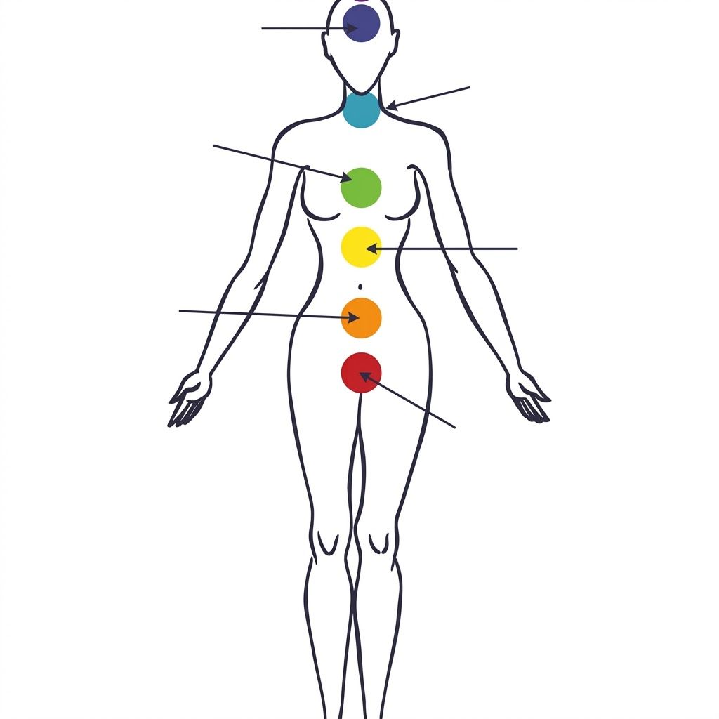 Human figure with seven colored chakra points aligned from head to pelvis on a white background