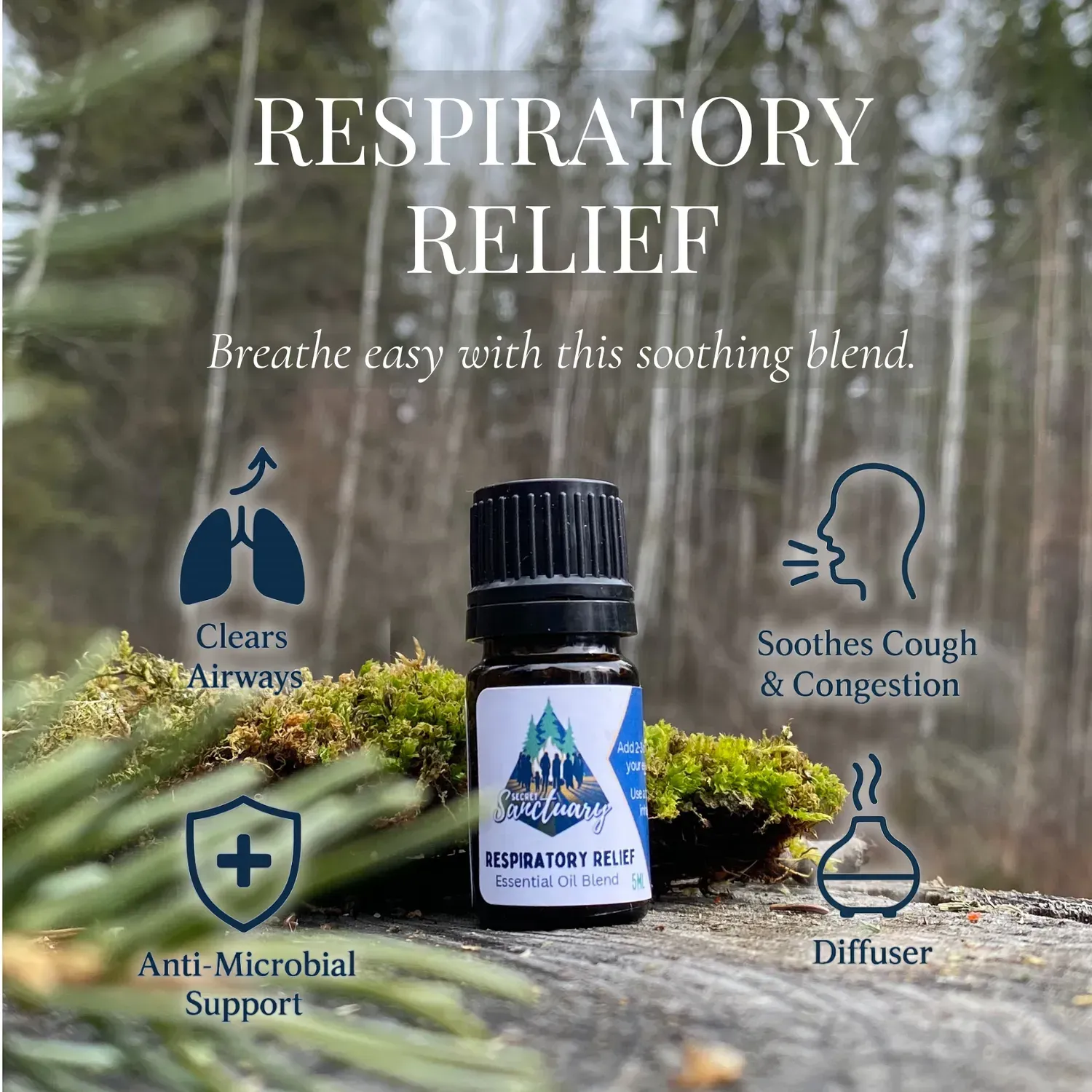 Respiratory Relief essential oil bottle on wood with herbs; text says clears airways and soothes cough