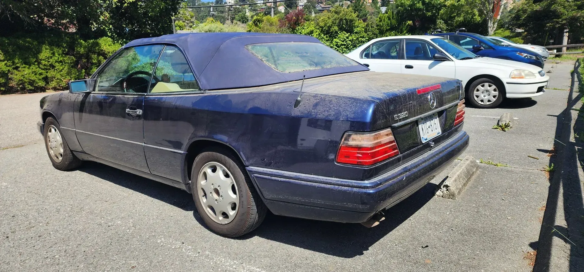 Dark blue sedan parked in a lot beside a white car on a sunny day