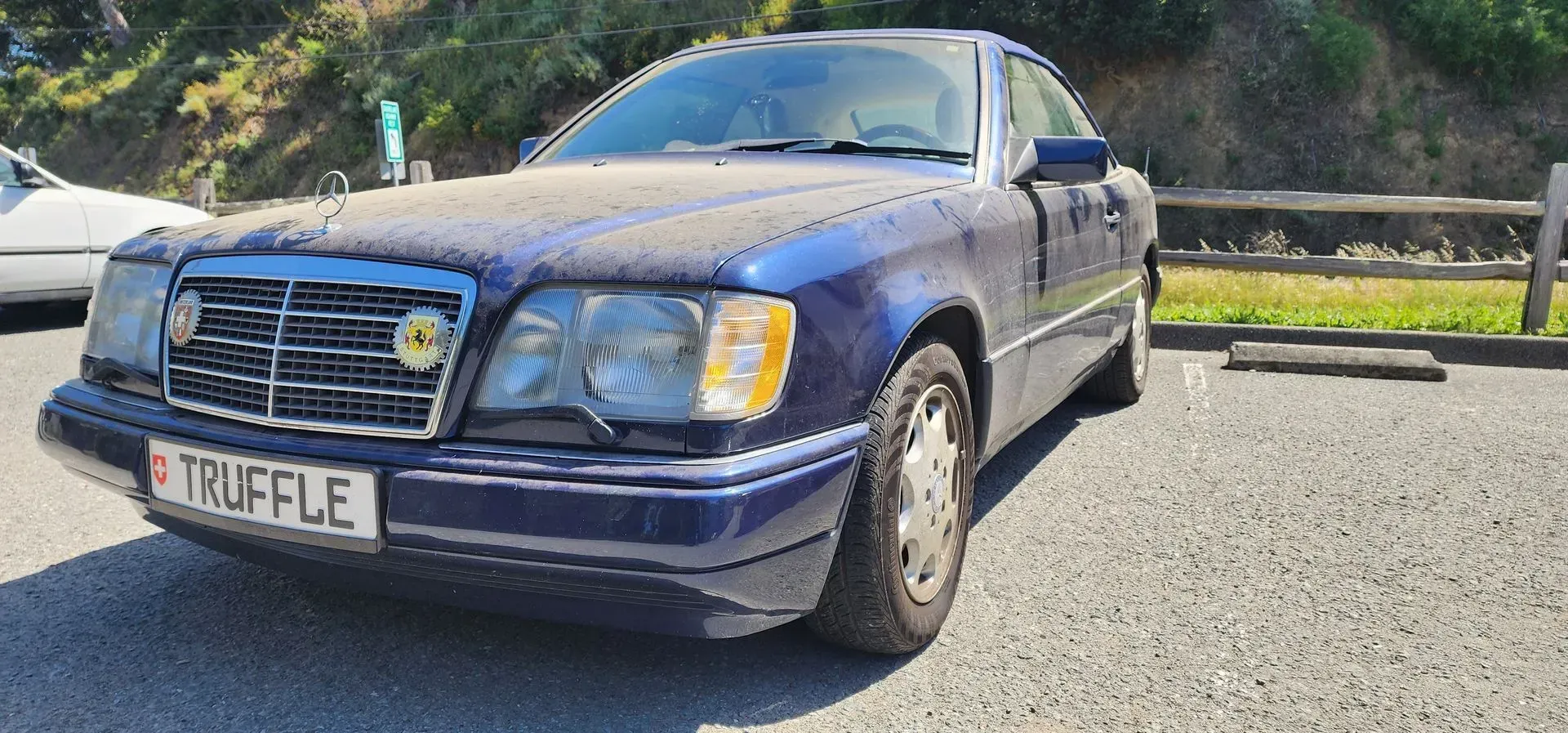 Blue sedan parked by a roadside guardrail in bright sunlight, front-left view