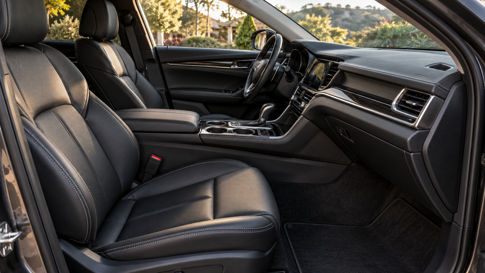 Luxury car interior with black leather seats, dashboard, and purple ambient lighting.