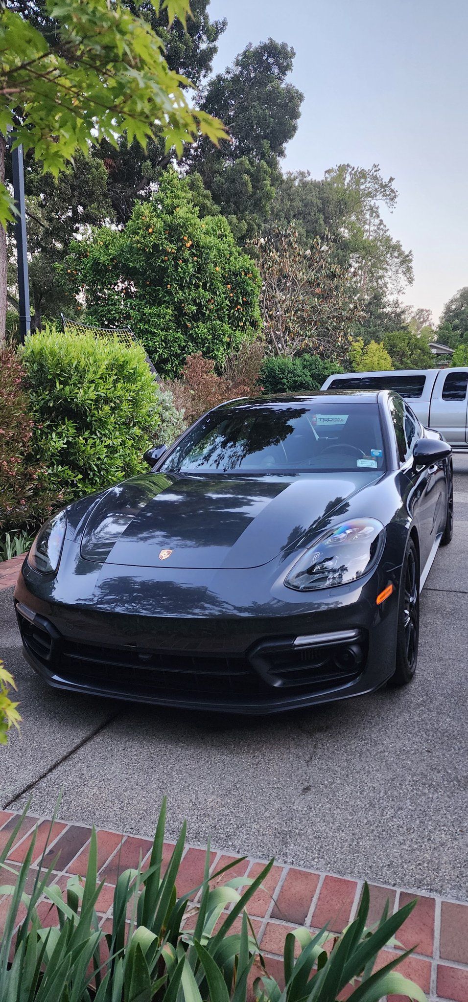 Black sports car parked in a driveway beside greenery and a brick border