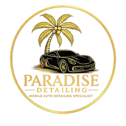 Paradise Detailing logo with black sports car, gold palm tree, and gold circular border