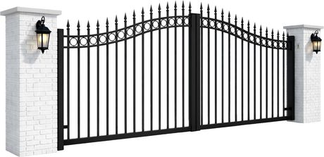 A black metal driveway gate with a decorative arched top, flanked by two white brick pillars topped with lanterns.
