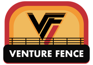 A Venture Fence logo with black "VF" lettering, a black fence graphic, and text on a red and gold sunset-style background.