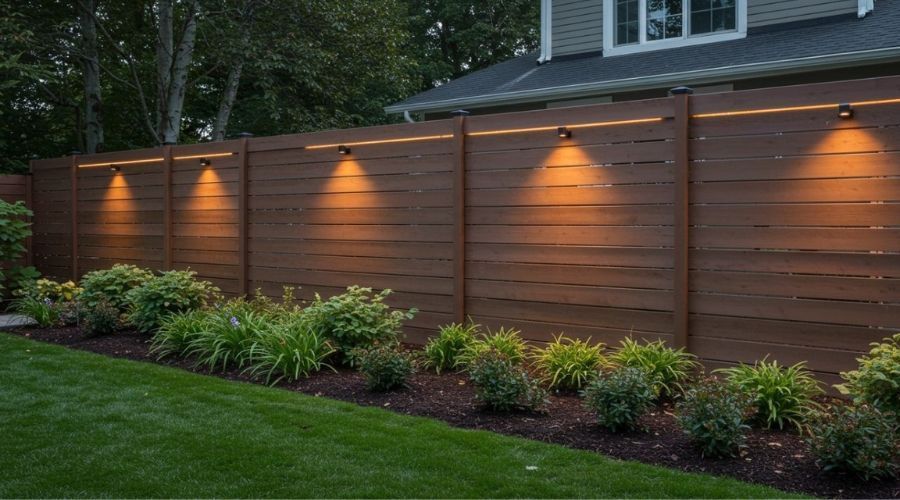 Modern horizontal wood privacy fence with outdoor lighting
