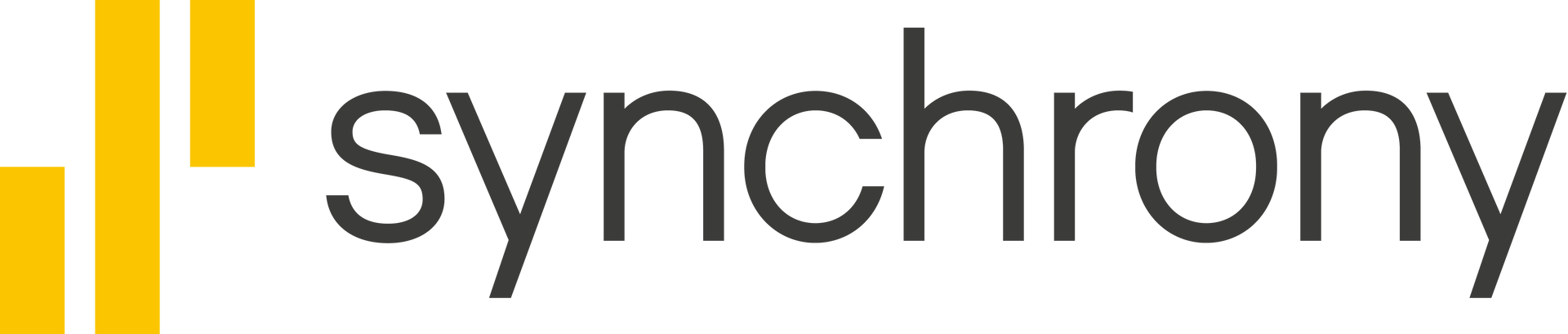 The Synchrony logo features the company name in grey text next to two gold rectangular bars of different heights.
