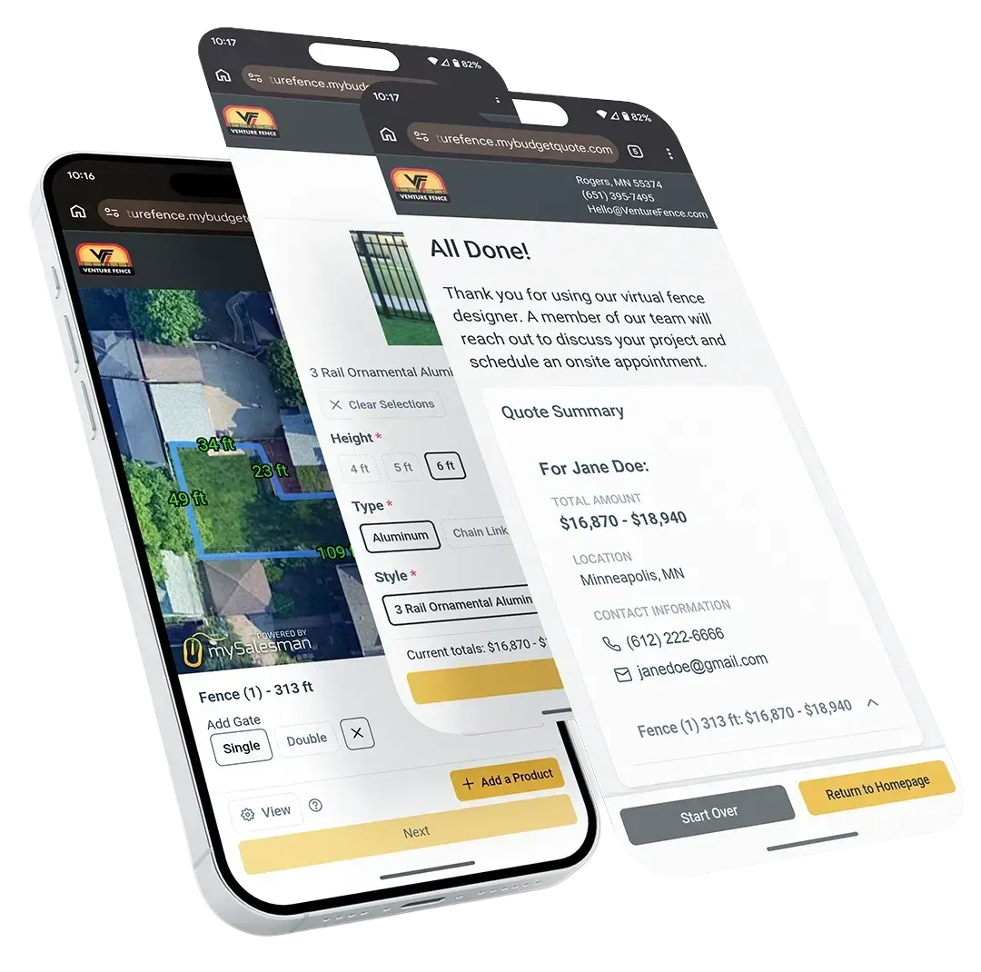 Three smartphones displayed in a stack, showcasing a mobile interface for a digital fence design and quote service.