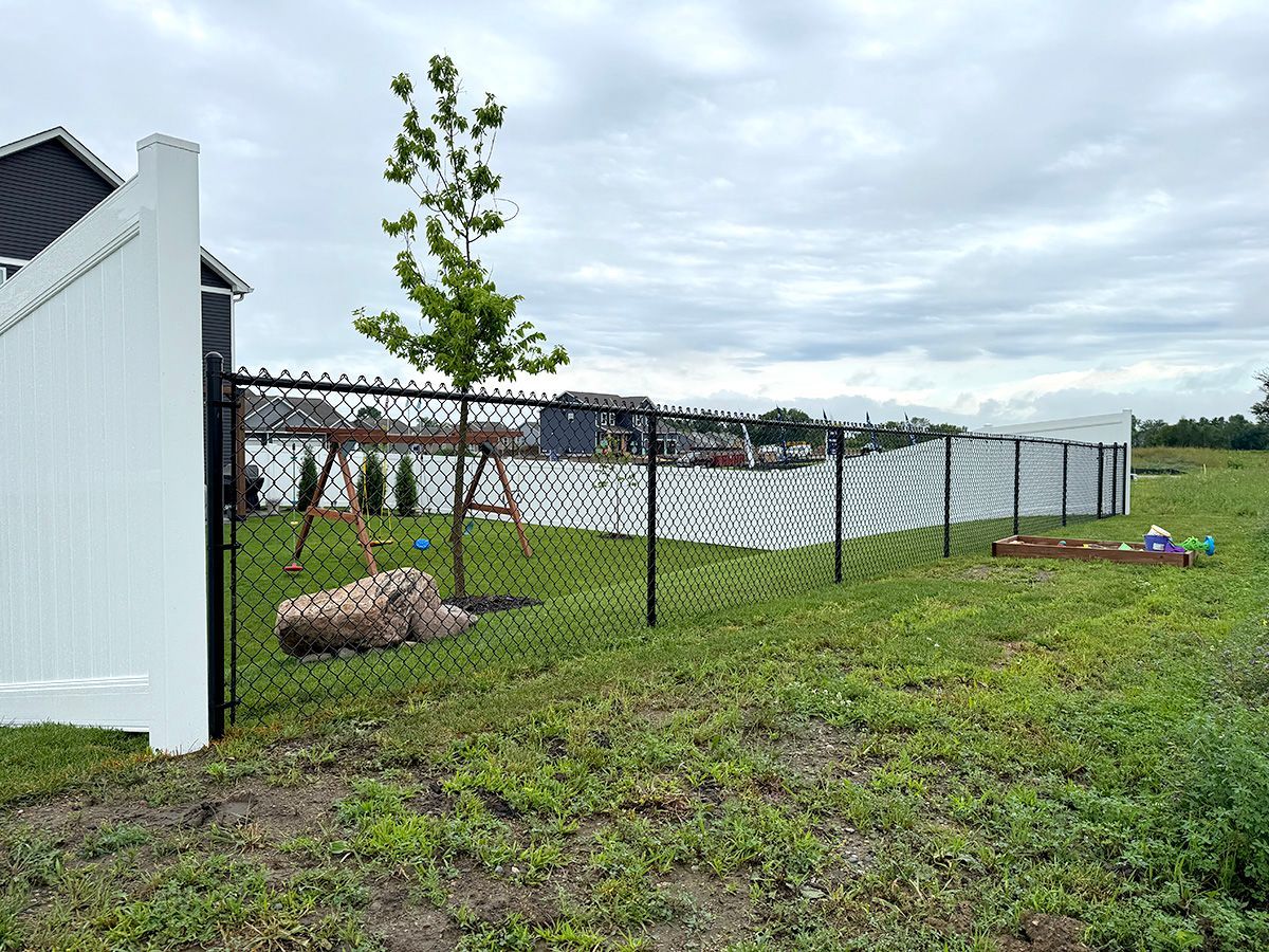 A black chain-link fence borders a backyard with a large rock, a young tree, and a wooden play set under a cloudy sky.