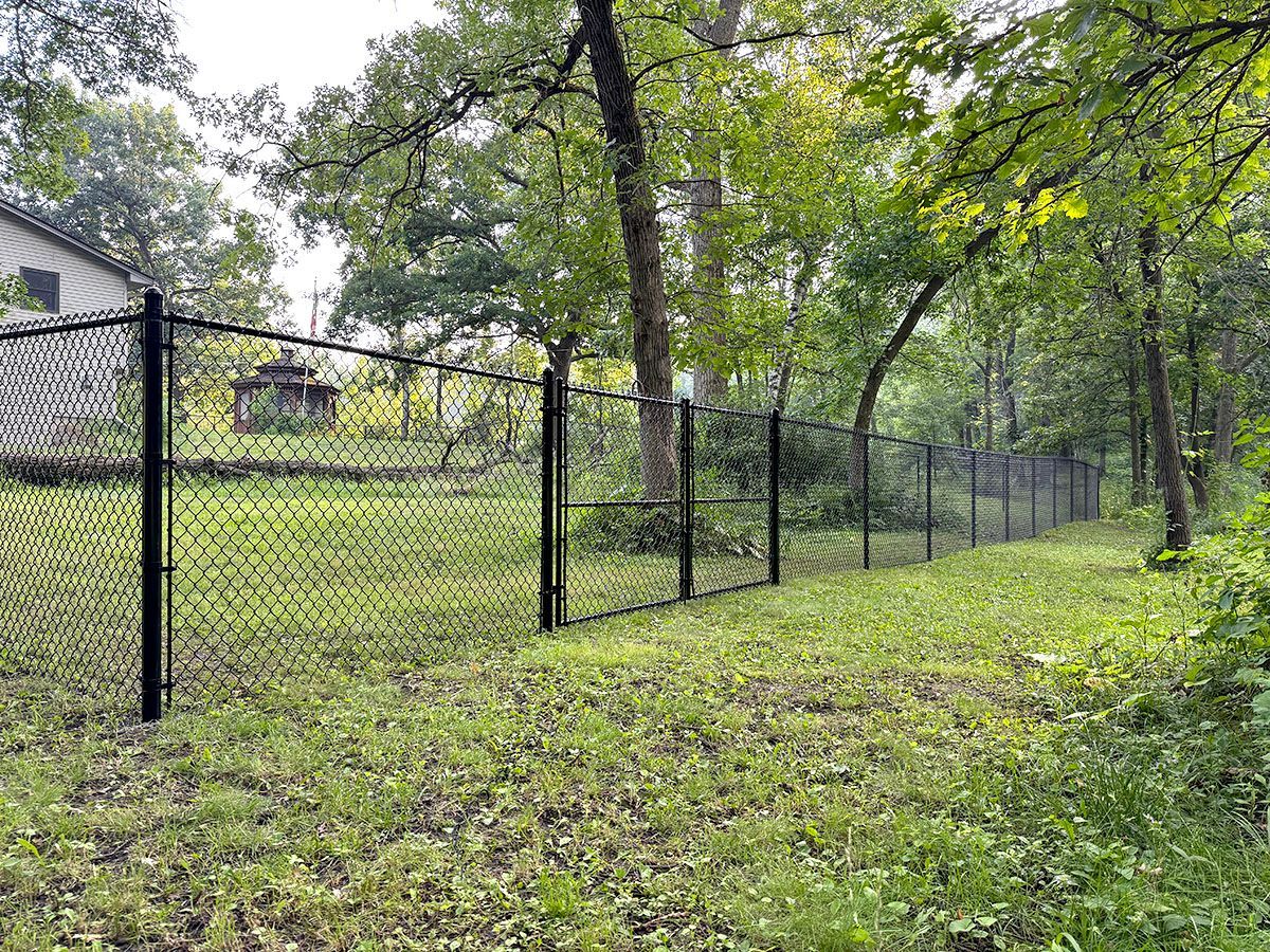A black chain-link fence lines a grassy yard surrounded by trees on a cloudy day.