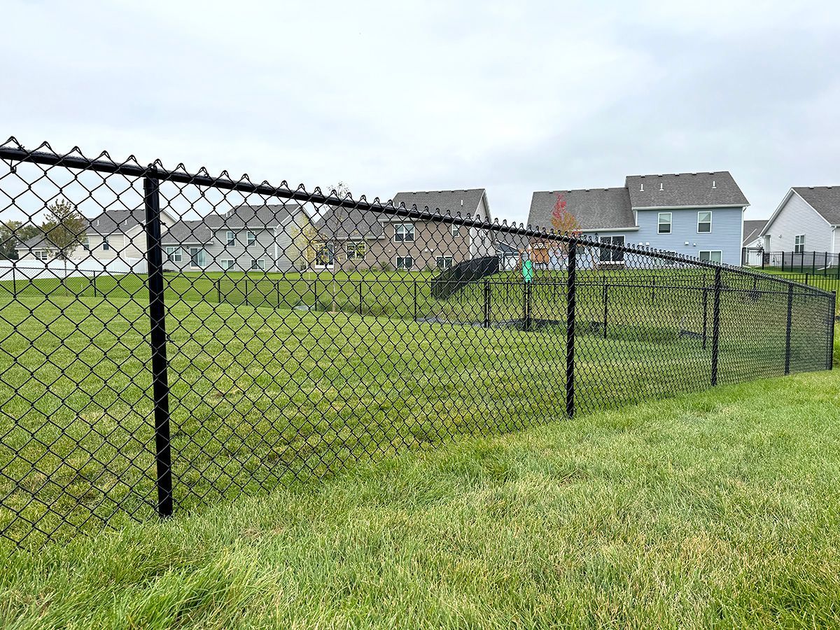 A black chain-link fence encloses a green grassy lawn in a residential neighborhood with houses in the background.
