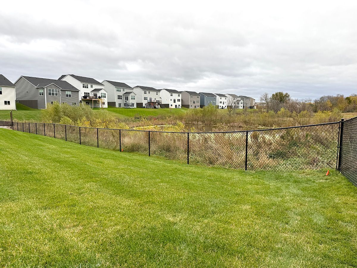 A chain-link fence divides a grassy residential yard from a field of tall grass, brush, and suburban houses in the back.