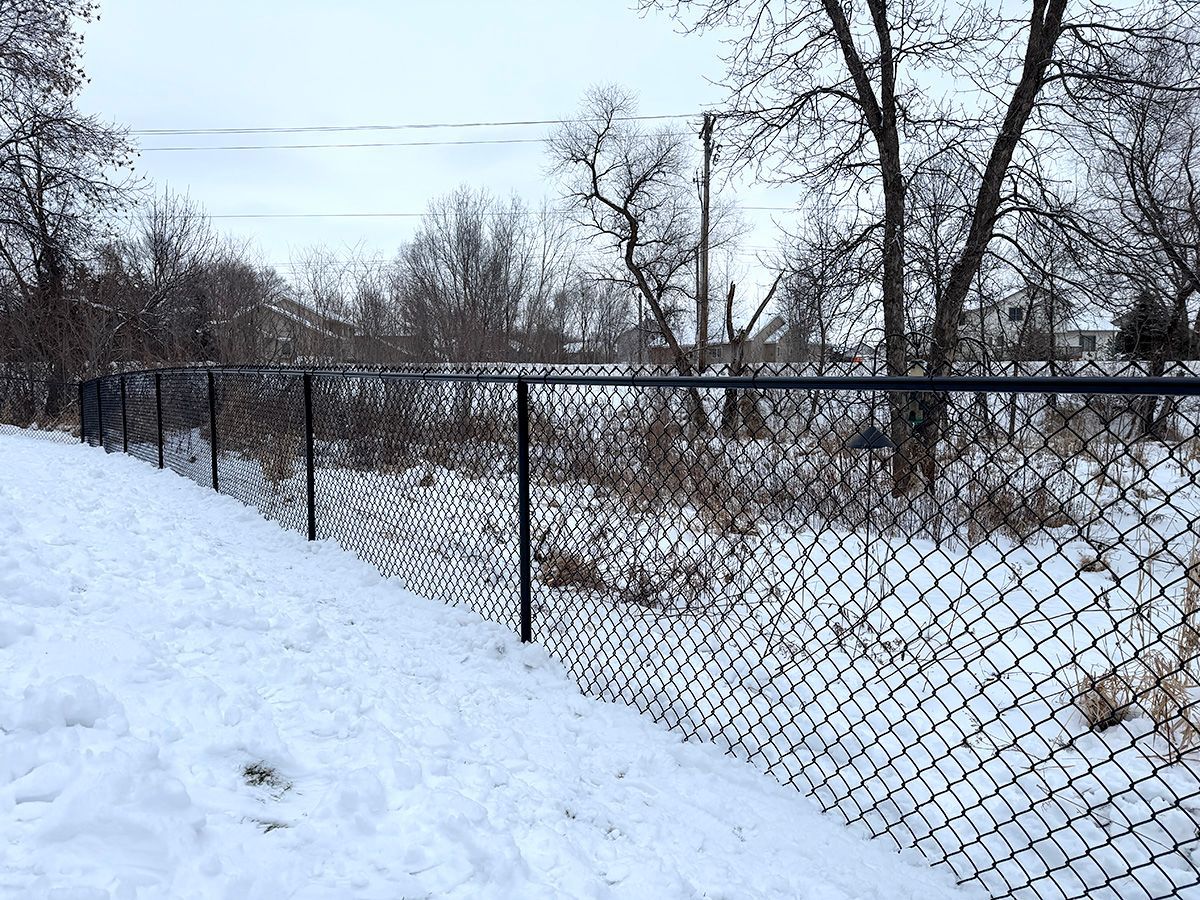 A black chain-link fence runs along a snow-covered path next to a field of dried grass and bare trees on a winter day.