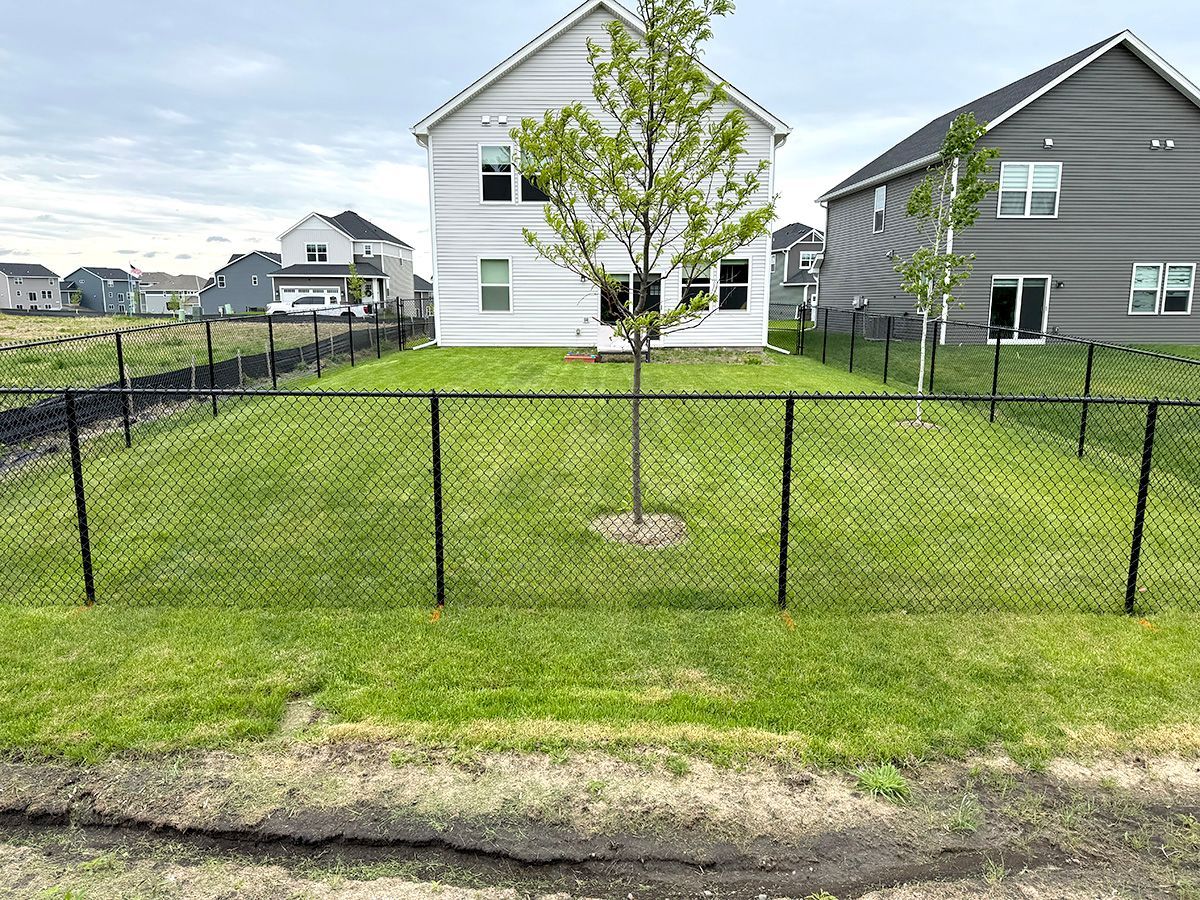 A fenced-in backyard with a young tree, green grass, and residential houses in the background under a cloudy sky.