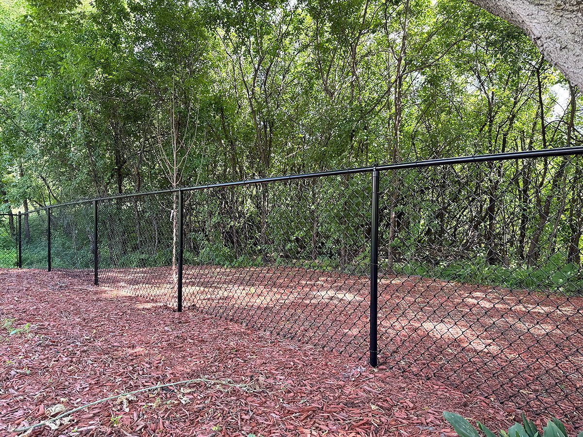 A black chain-link fence runs horizontally across a yard covered in reddish mulch, backed by dense green trees.