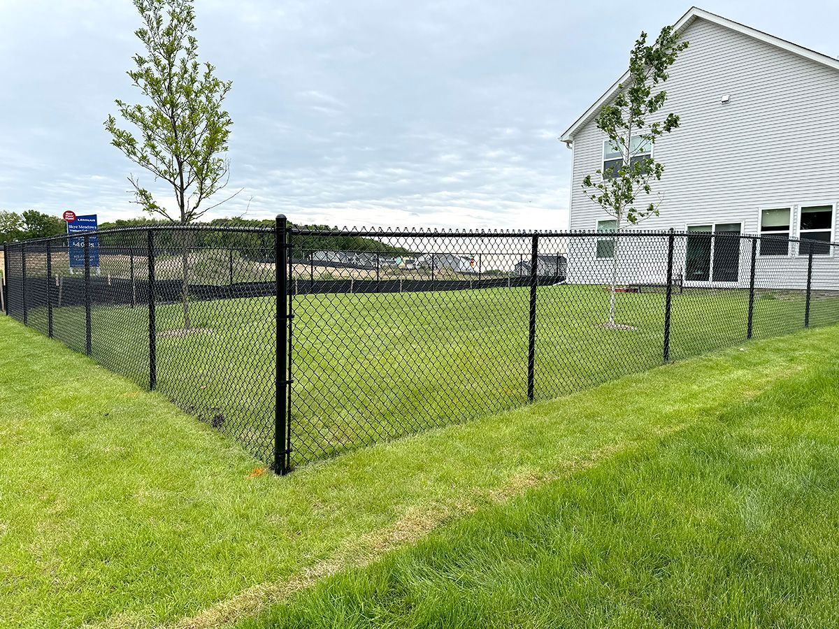 A black chain-link fence encloses a grassy backyard next to a light-colored residential house.