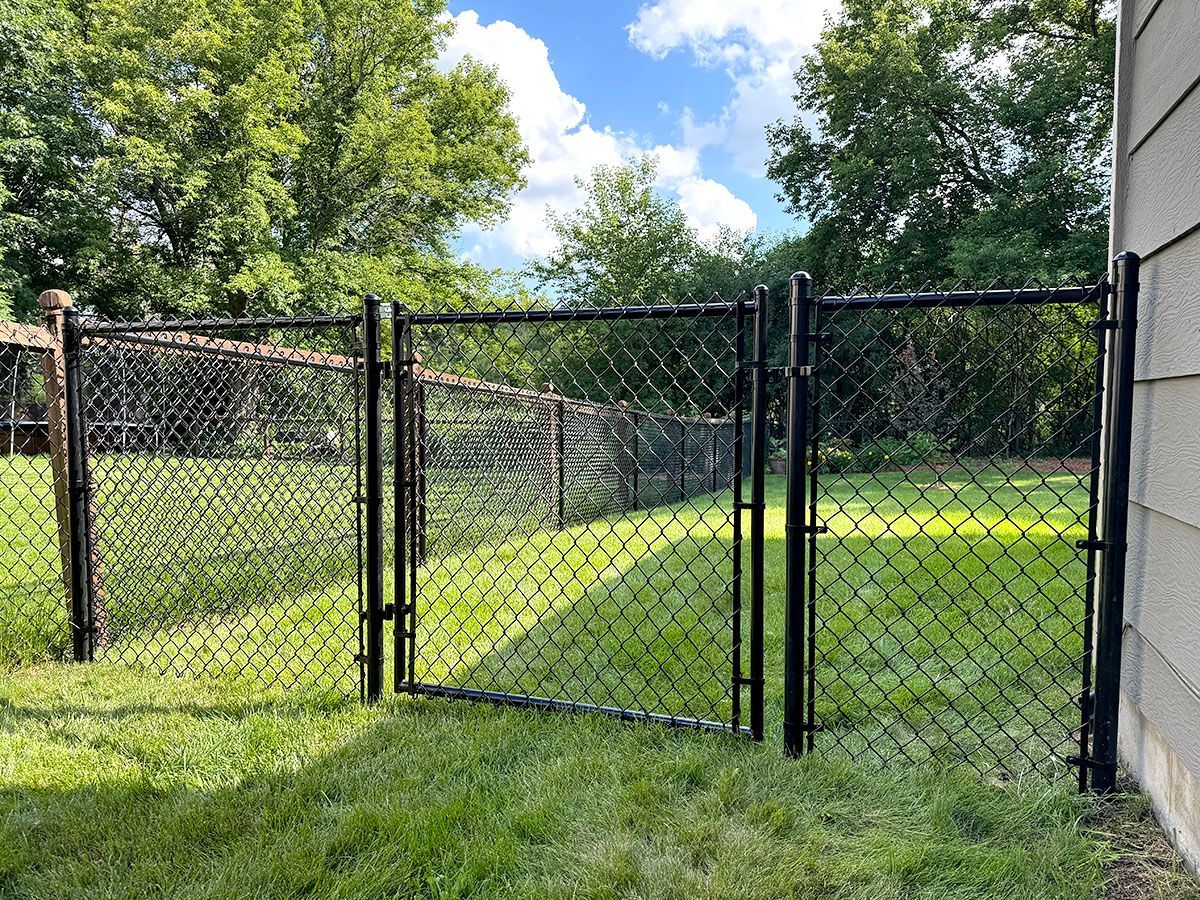 A black chain-link fence and gate in a grassy backyard next to a house wall under a blue sky with clouds.