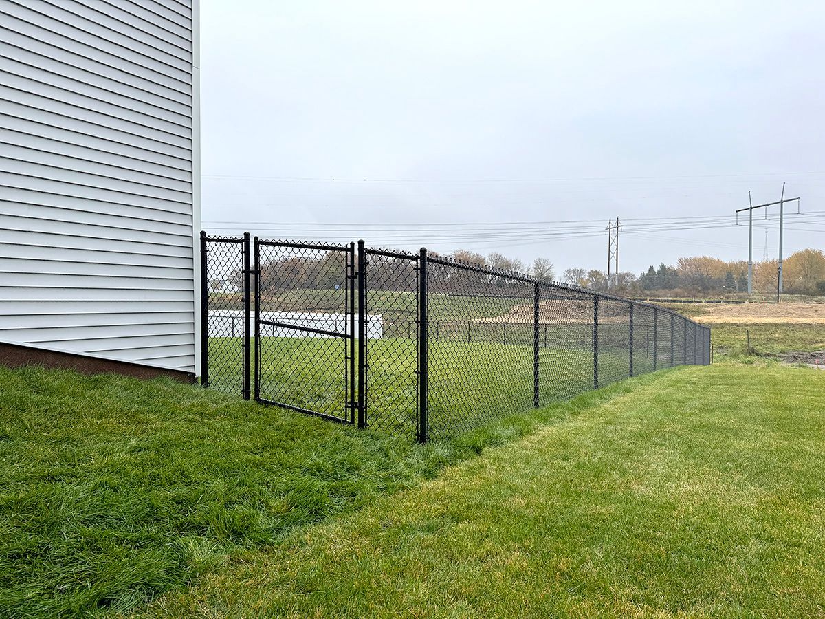 A black chain-link fence with an access gate stands on a grassy lawn next to the white siding of a house.