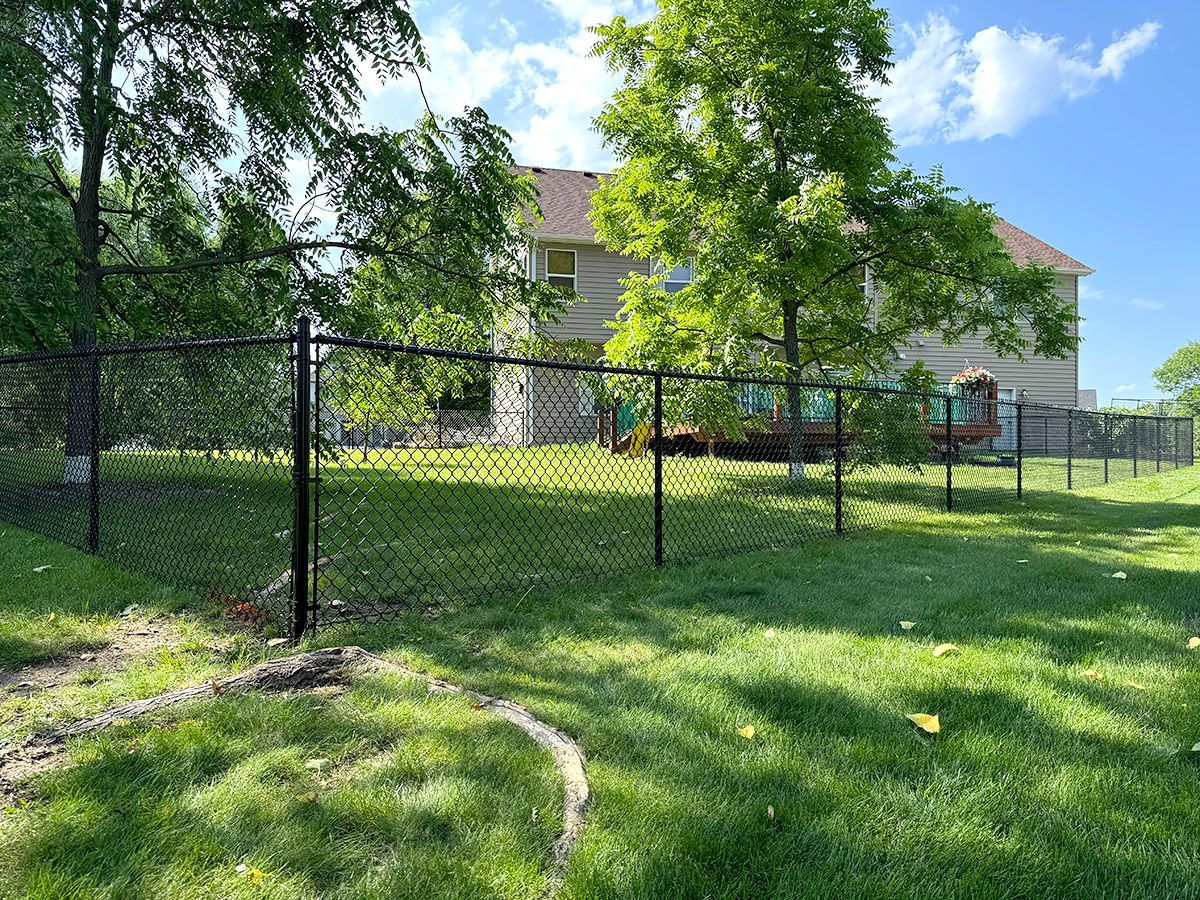 A black chain-link fence encloses a green grassy backyard with a multi-story house and trees in the background.