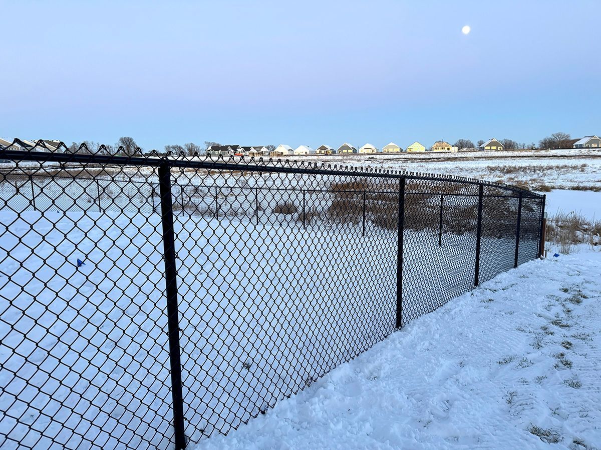 A black chain-link fence encloses a snow-covered field under a pale sky with a faint moon.