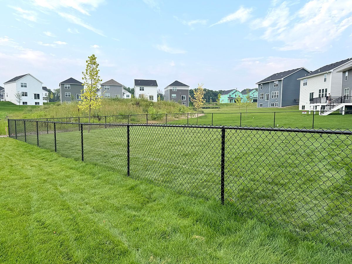 A black chain-link fence encloses a green grassy yard in a suburban neighborhood with several houses in the background.