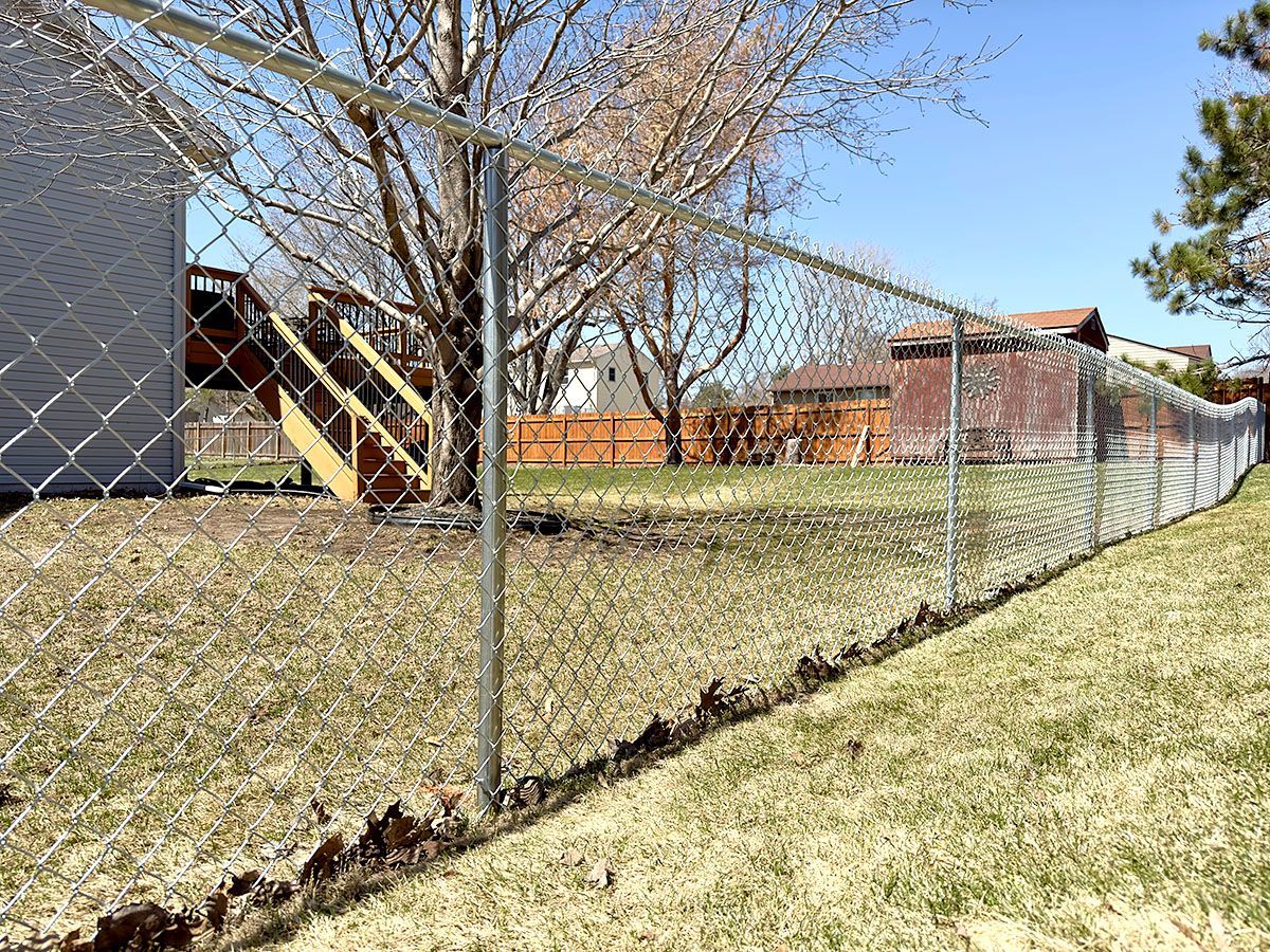 Chain-link fence along a grassy slope beside brick buildings and bare trees under a blue sky