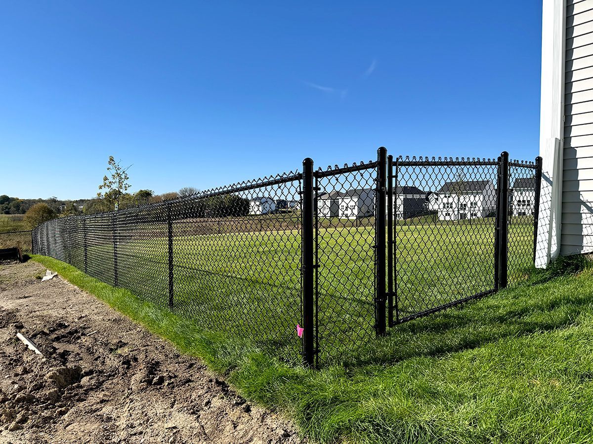 A black chain-link fence with a gate encloses a grassy yard next to a building under a clear blue sky.