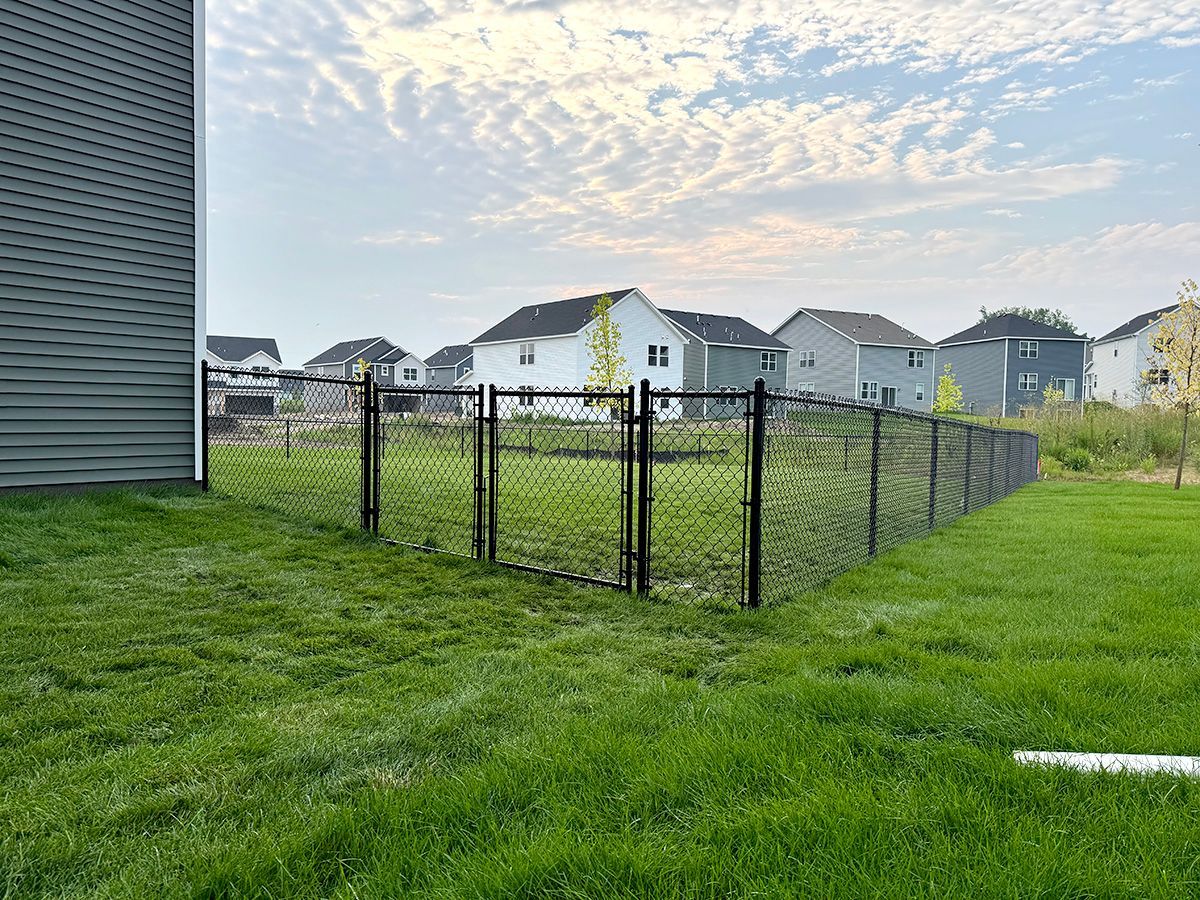 A grassy backyard featuring a black chain-link fence with a central gate, bordered by neighboring suburban houses.