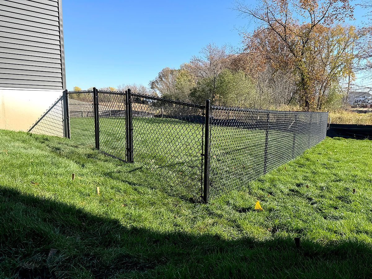 A black chain-link fence encloses a green grassy backyard next to the side of a light-colored building under a blue sky.
