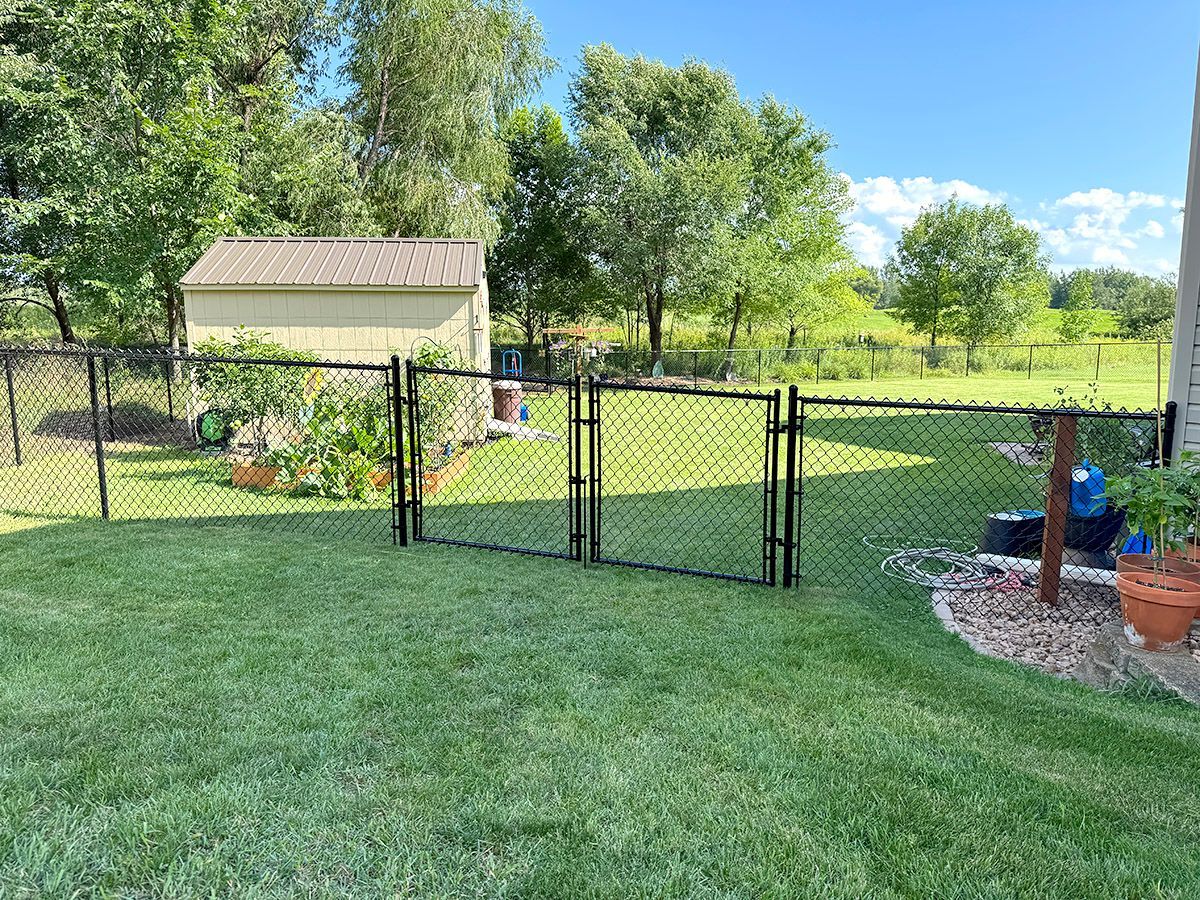 A black chain-link fence with a central gate encloses a grassy backyard featuring a tan storage shed and garden beds.