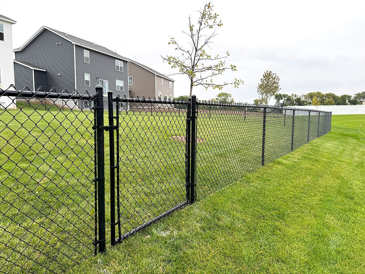 A black chain-link fence with a closed gate bordering a grassy suburban lawn in front of houses.
