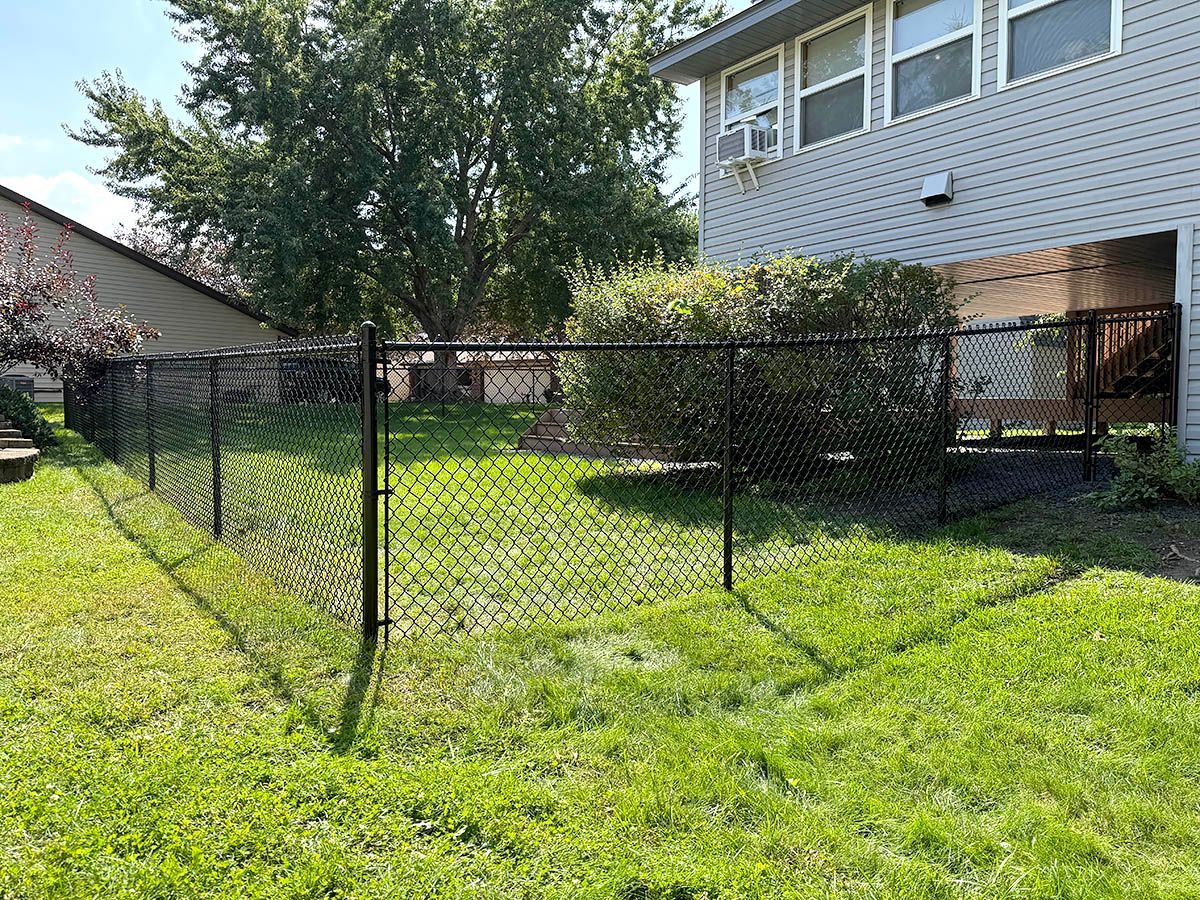 A black chain-link fence encloses a green residential backyard next to a light gray house on a sunny day.