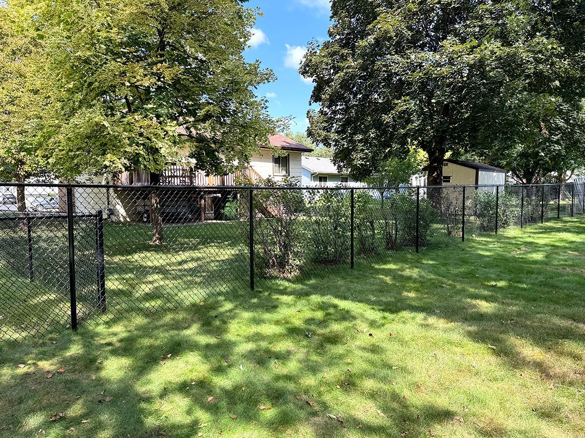 A black chain-link fence surrounds a green lawn in front of houses and trees on a sunny day.