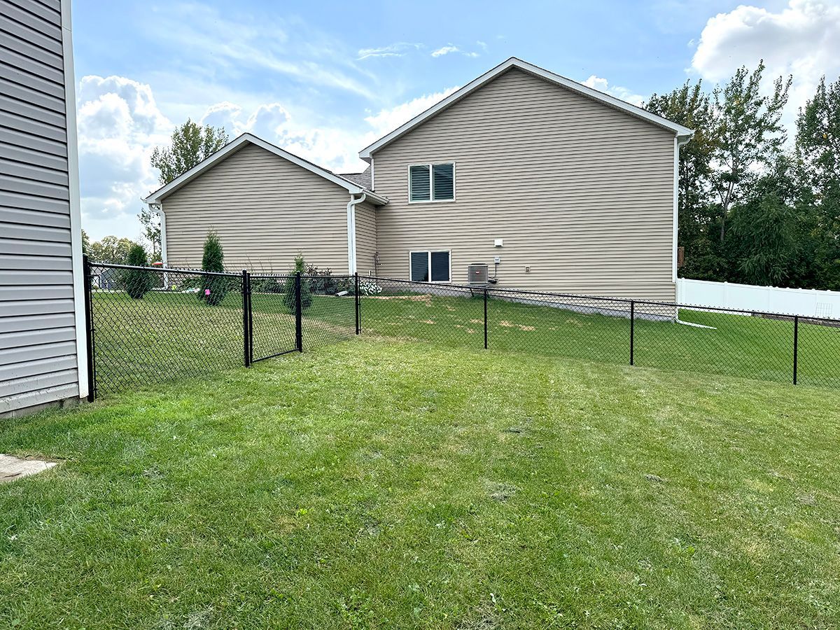 A backyard featuring a grassy lawn enclosed by a black chain-link fence, with two tan siding houses in the background.